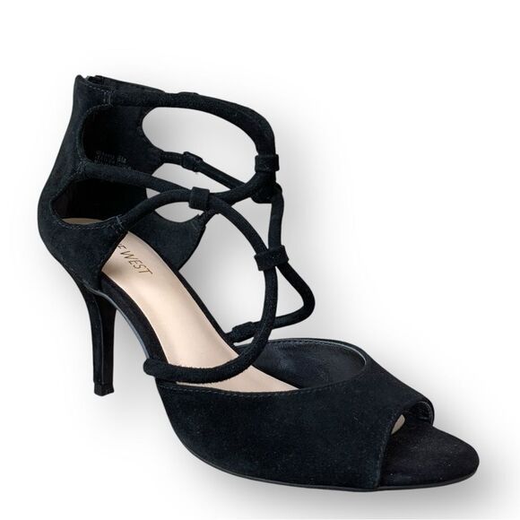 Nine West Black Suede Leather Strappy Gladiator Zip Heels Pumps Women's size 8 - Picture 1 of 11